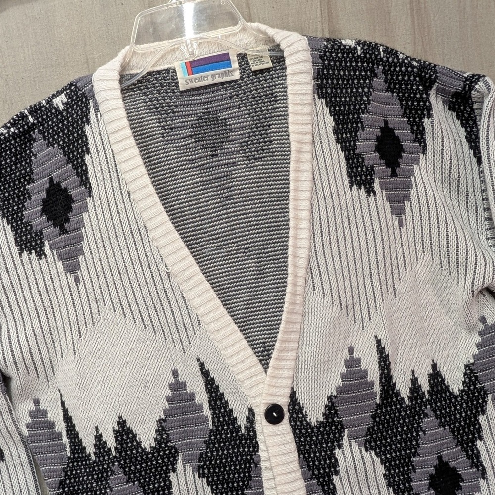 Vintage Sweater Graphix Geometric Cardigan Mens L Grey White Southwestern 90s